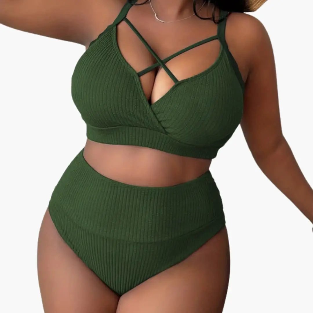 Women’s plus-size high-waisted bikini set with sling-strap top in green ribbed fabric.