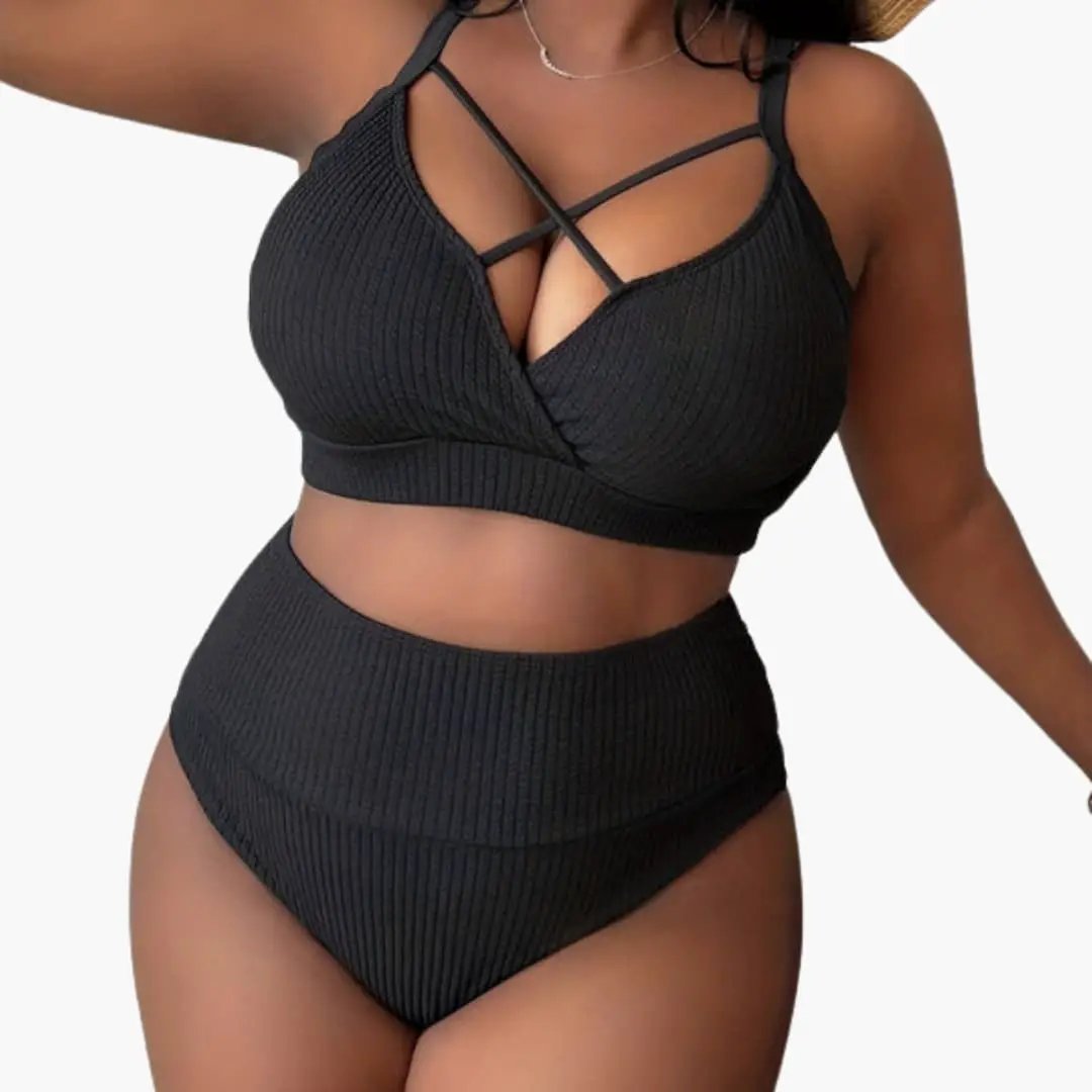 Women’s plus-size high-waisted bikini set with sling-strap top in black ribbed fabric, Wilfred Smith
