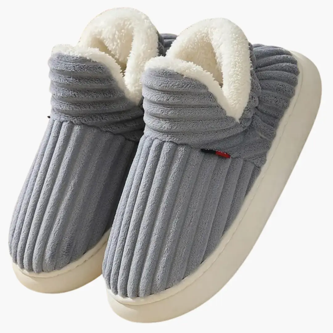 Wilfred Smith Women’s Slippers with ribbed blue-grey exterior and plush white inner lining