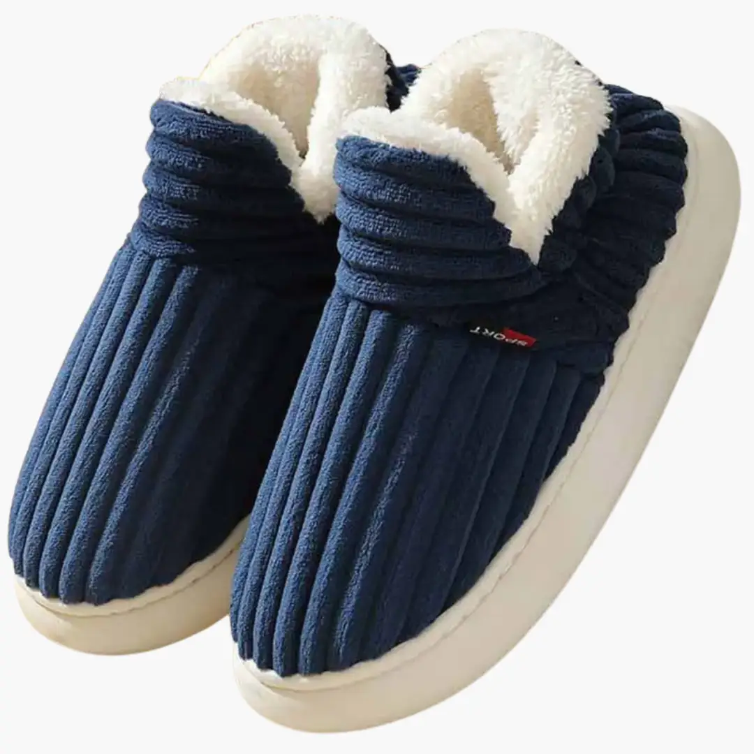 Women's slippers, navy blue plush with ribbed surface and white inner lining, Wilfred Smith brand, pair