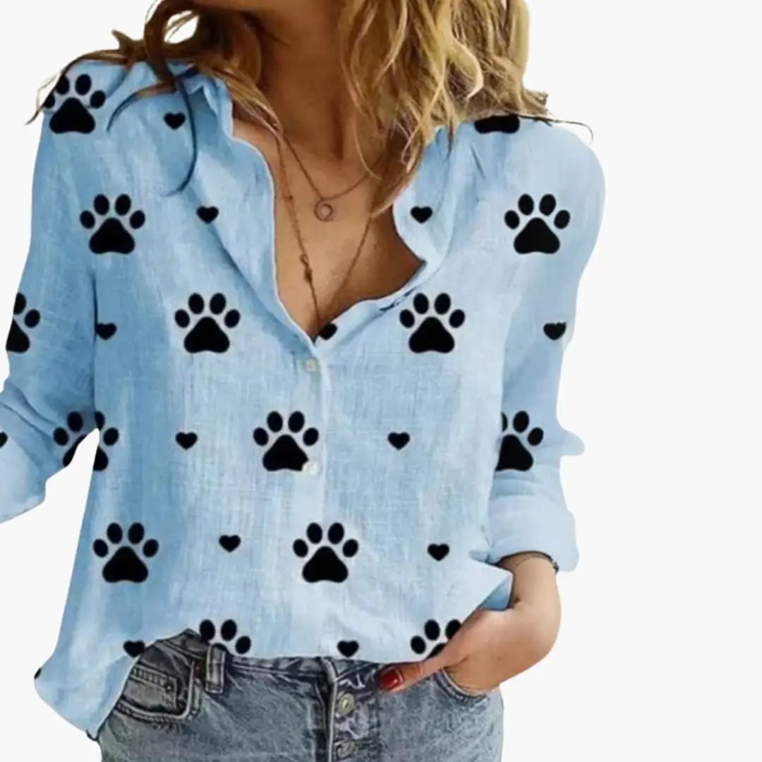 Women's Polka Dot Print Blouse, light blue woven top with long sleeves by Wilfred Smith