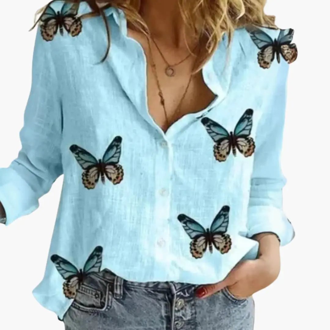 Women's light-blue woven blouse with butterfly prints and long sleeves
