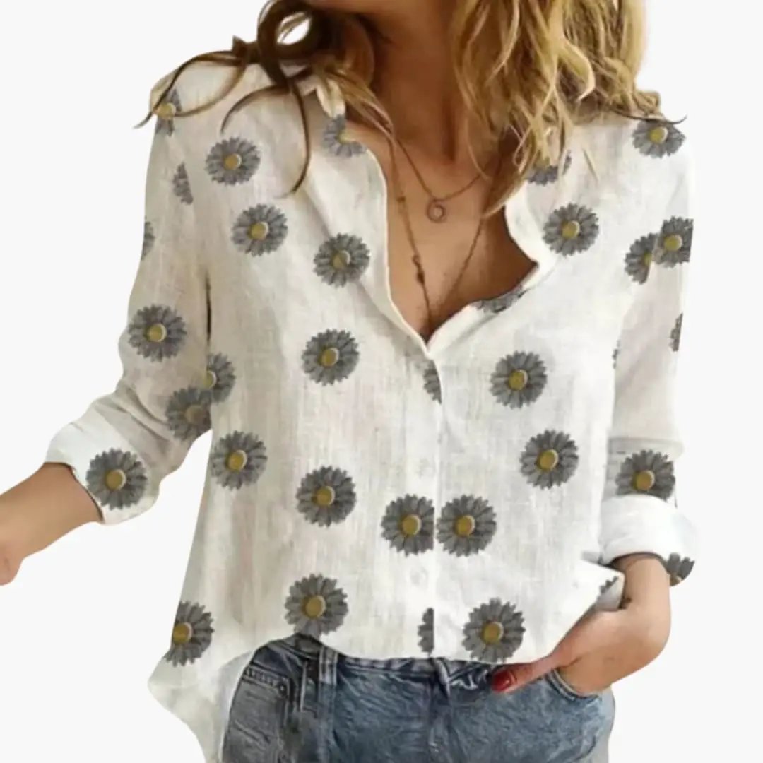 Women’s polka dot print blouse, white woven top with gray print and long sleeves
