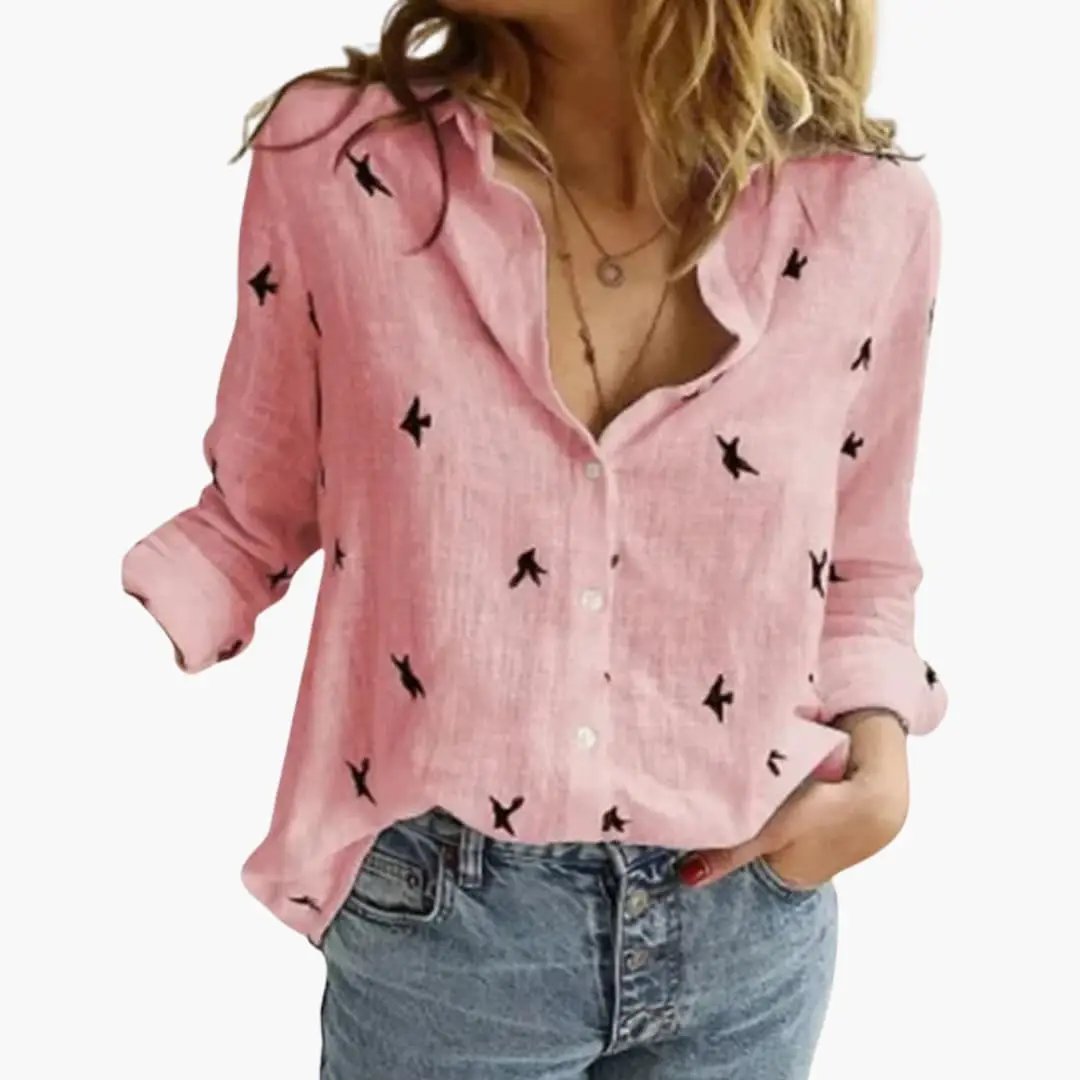 Women’s Polka Dot Print Blouse, pink long-sleeve woven top with button-front