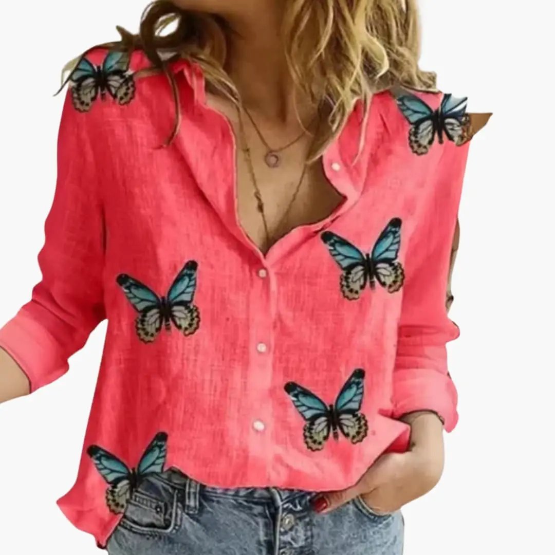 Women’s pink long-sleeve woven blouse with blue butterfly print and button-front.