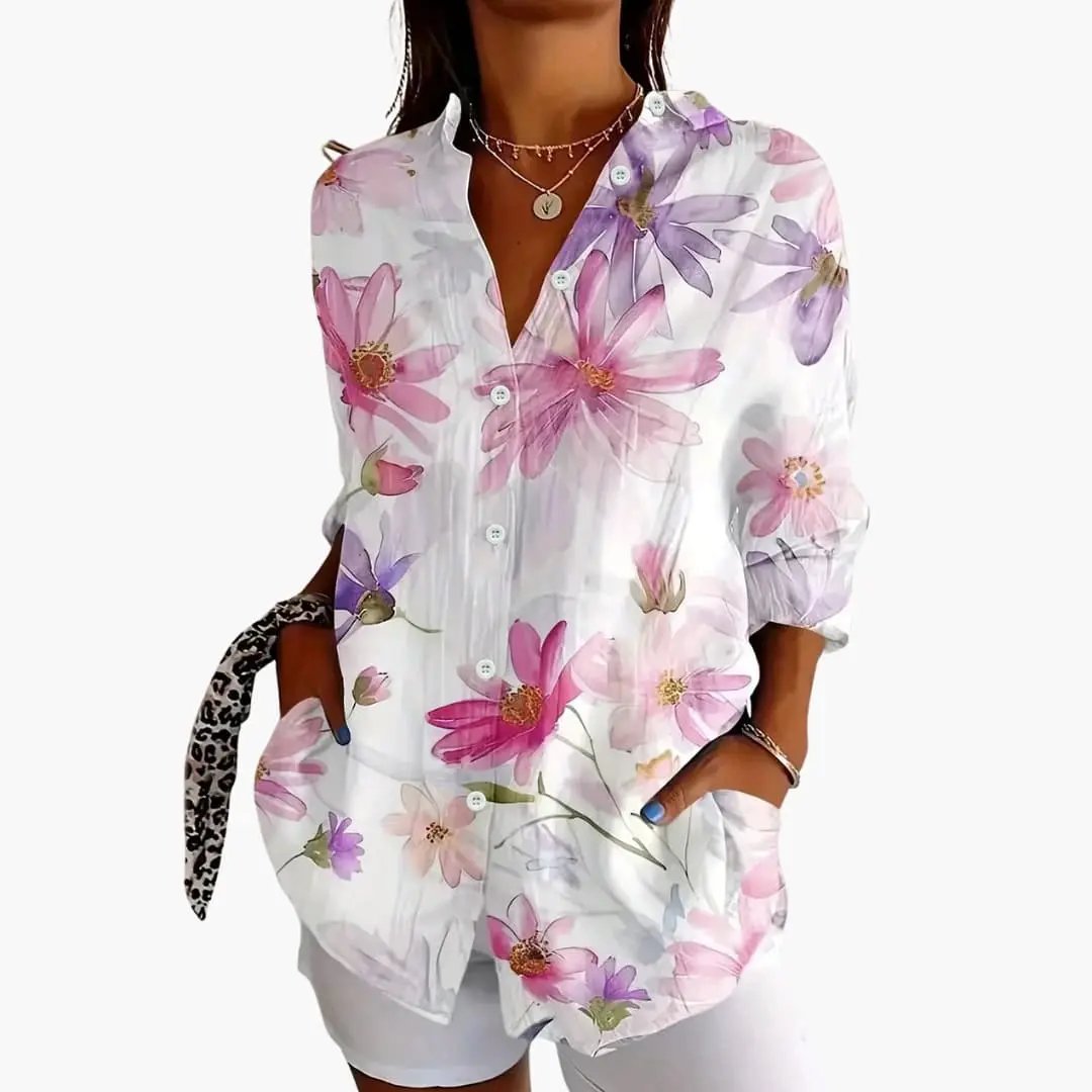 Women’s Blouse by Wilfred Smith floral print short-sleeve loose-fit on white with pink and purple flowers