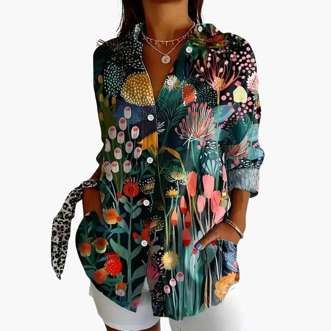 Women’s Printed Blouse by Wilfred Smith, multicolor floral print, short sleeves, loose fit