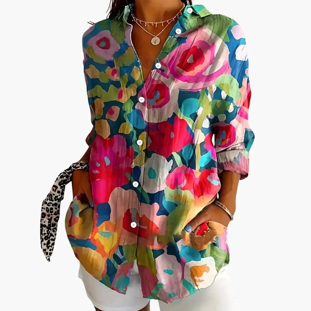 Women's Printed Blouse by Wilfred Smith, multicolor abstract print, short sleeves, loose fit
