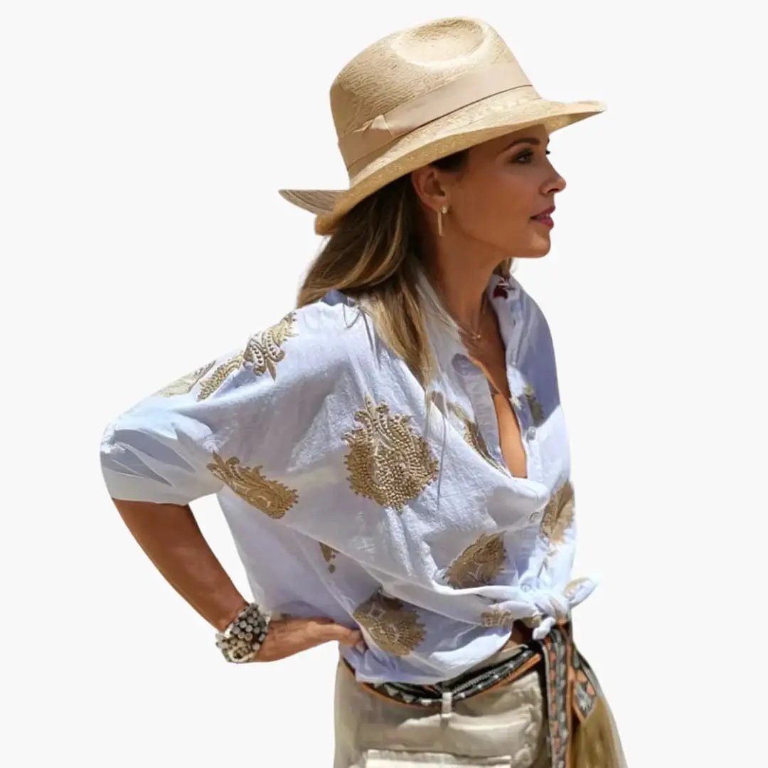 Women's Printed Blouse by Wilfred Smith, light-blue relaxed-fit top with gold embroidery and front tie.