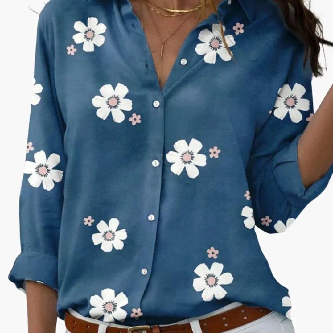 Women’s Printed Button-Down Blouse in blue with white floral print, long sleeves