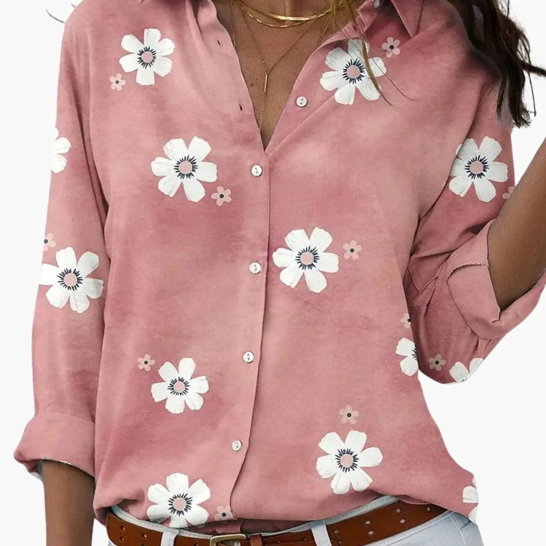 Women’s Printed Button-Down Blouse in dusty-pink with white floral pattern, collared long sleeves, loose fit.