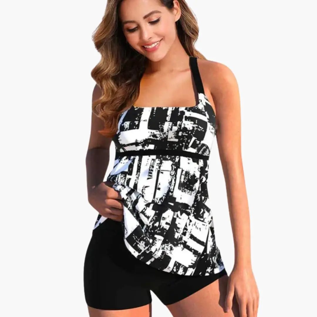 Women’s Printed Tankini Swimsuit with front-panel top and black swim shorts in a black-and-white abstract pattern