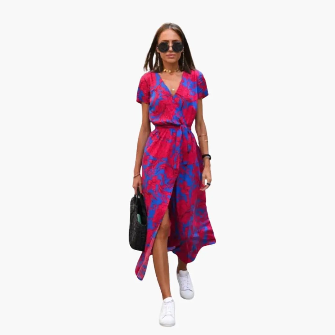 Women’s Printed Wrap Dress with Waist Belt by Wilfred Smith — pink and blue abstract print, midi-length.