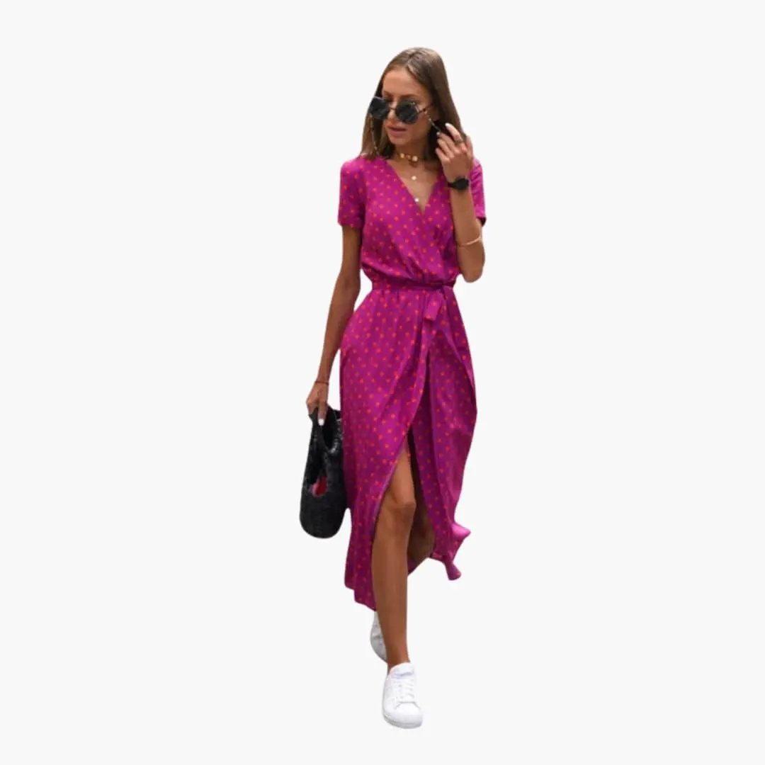 Women’s Printed Wrap Dress with Waist Belt in magenta by Wilfred Smith.
