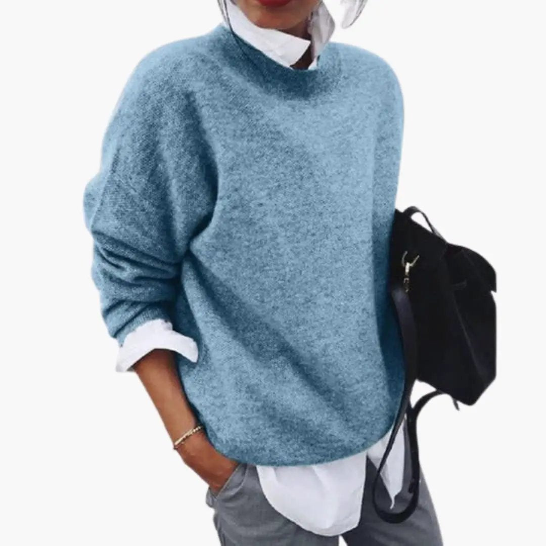 Women’s pullover sweater in blue knit with crew neck and long sleeves