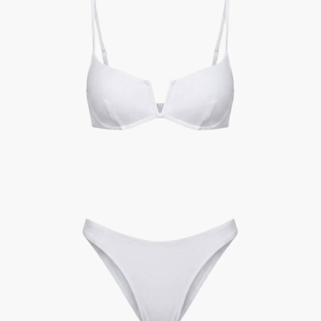 Women's bikini set by Wilfred Smith, ribbed white push-up top with Brazilian-cut bottoms