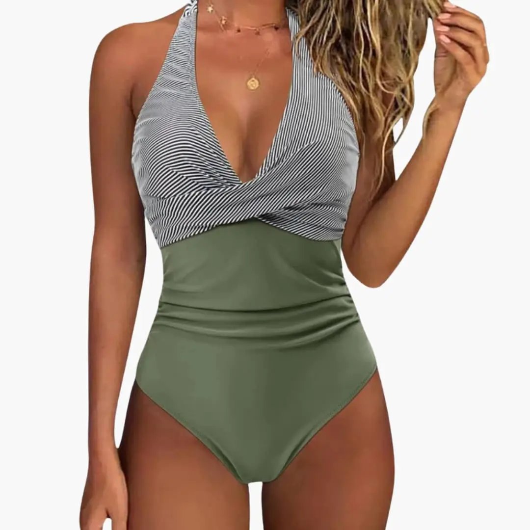 Women’s Push-Up One-Piece Swimsuit by Wilfred Smith with striped halter top and olive-green bottom, adjustable straps.
