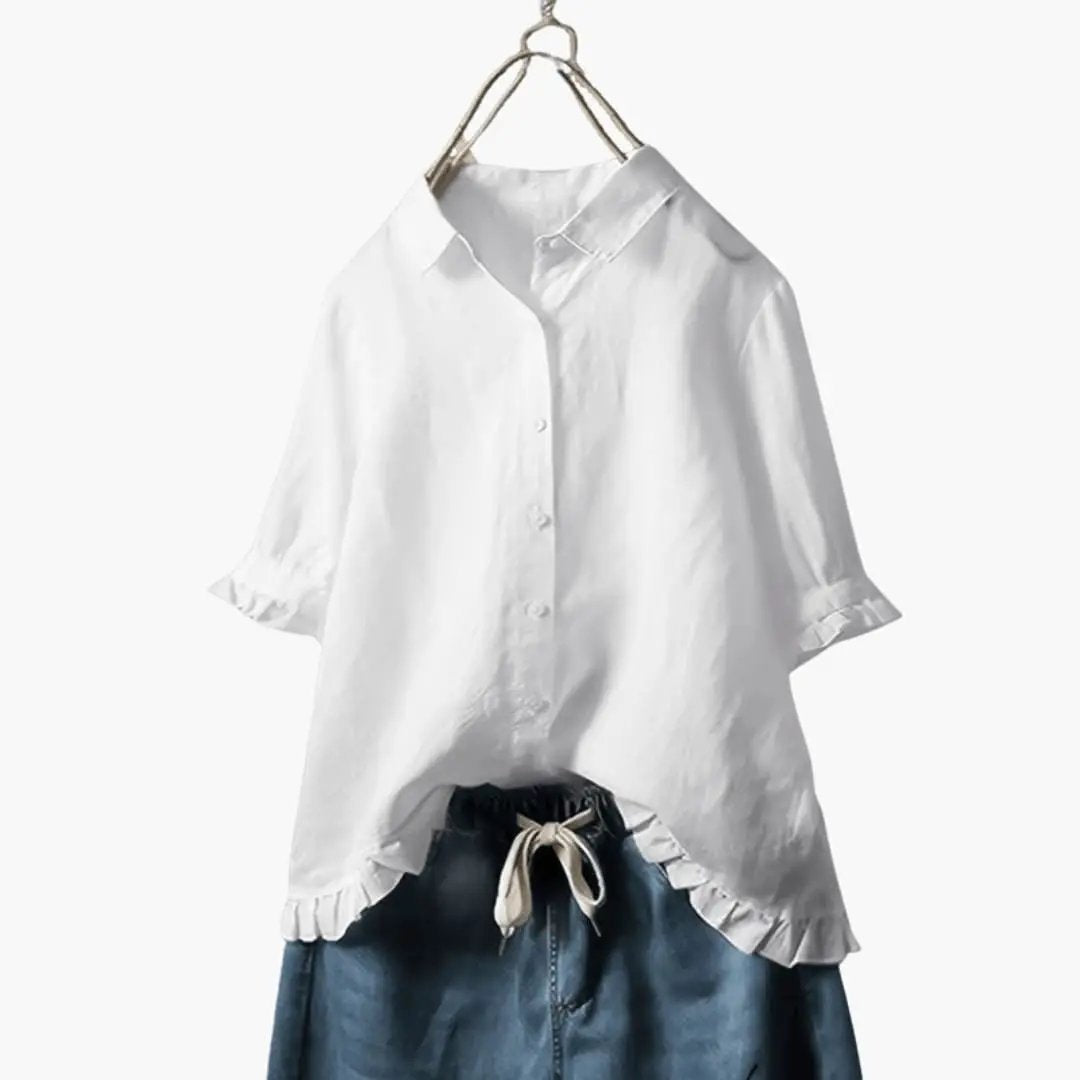 Women's Relaxed Fit Crew Neck Blouse with long sleeves, white woven fabric by Wilfred Smith