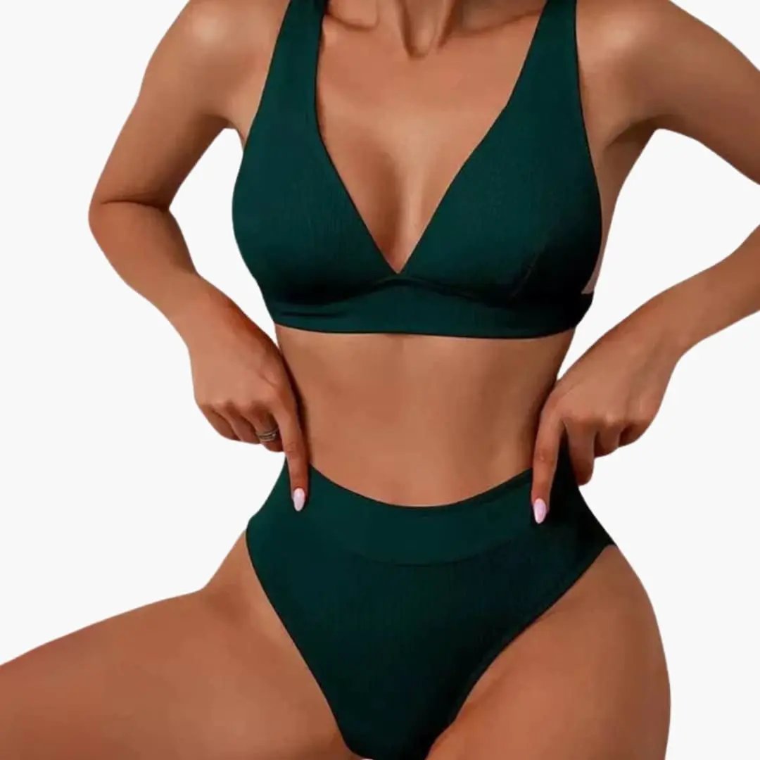 Women’s ribbed two-piece bikini set with wide straps and high-cut bottom in emerald green