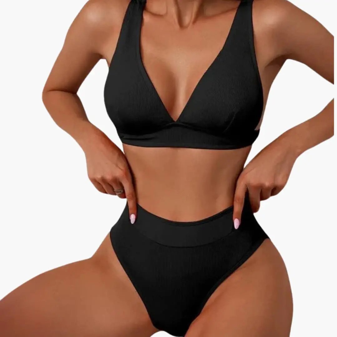Women’s Ribbed Bikini Set in black with wide straps and high-cut bottom, Wilfred Smith classic bikini.