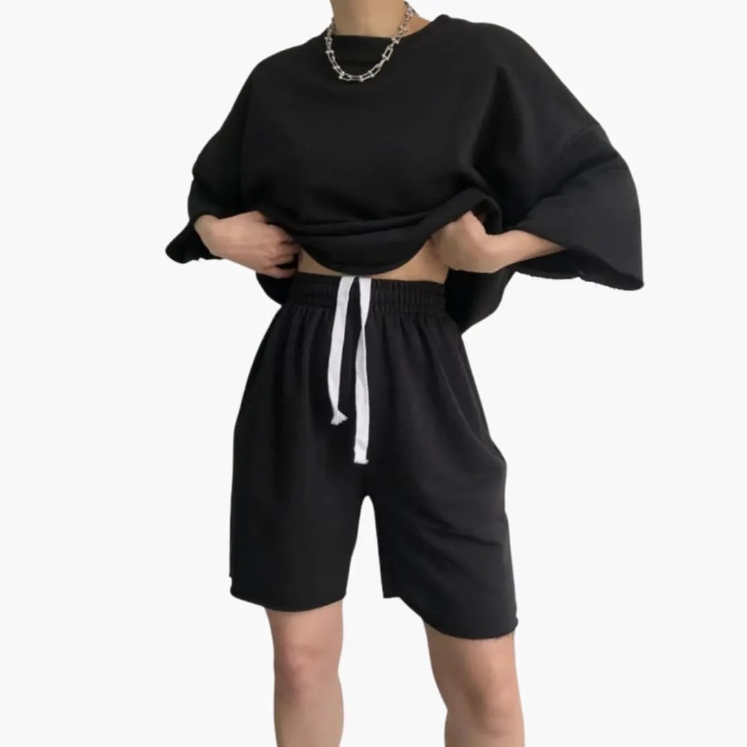 Women's Round Neck Crop Top and Drawstring Waist Shorts Two-Piece Set, black