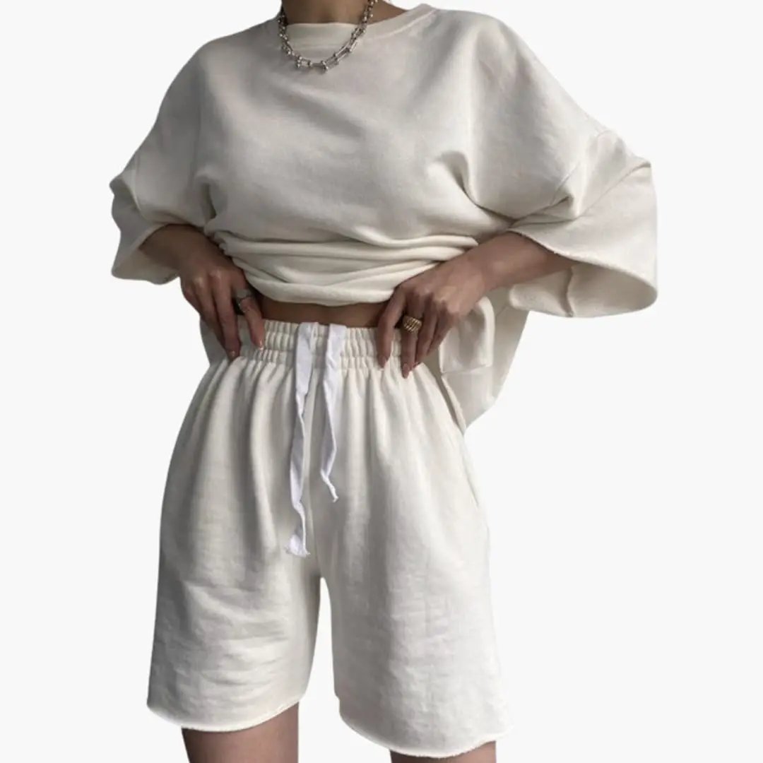 Women's two-piece set in cream with round-neck cropped top and drawstring waist shorts