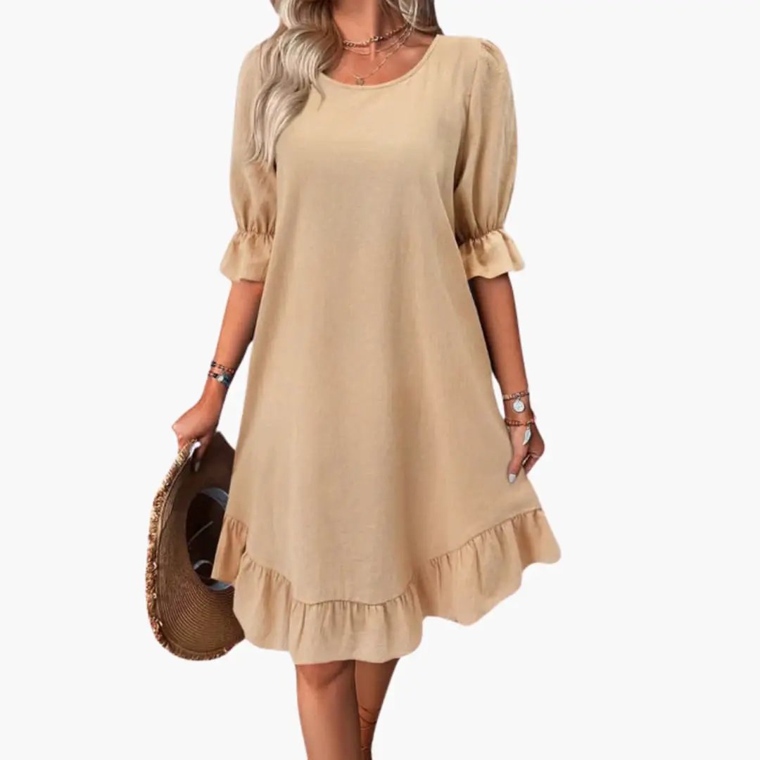 Women’s Ruffle Sleeve Midi Dress in beige with puff sleeves and tiered ruffle hem