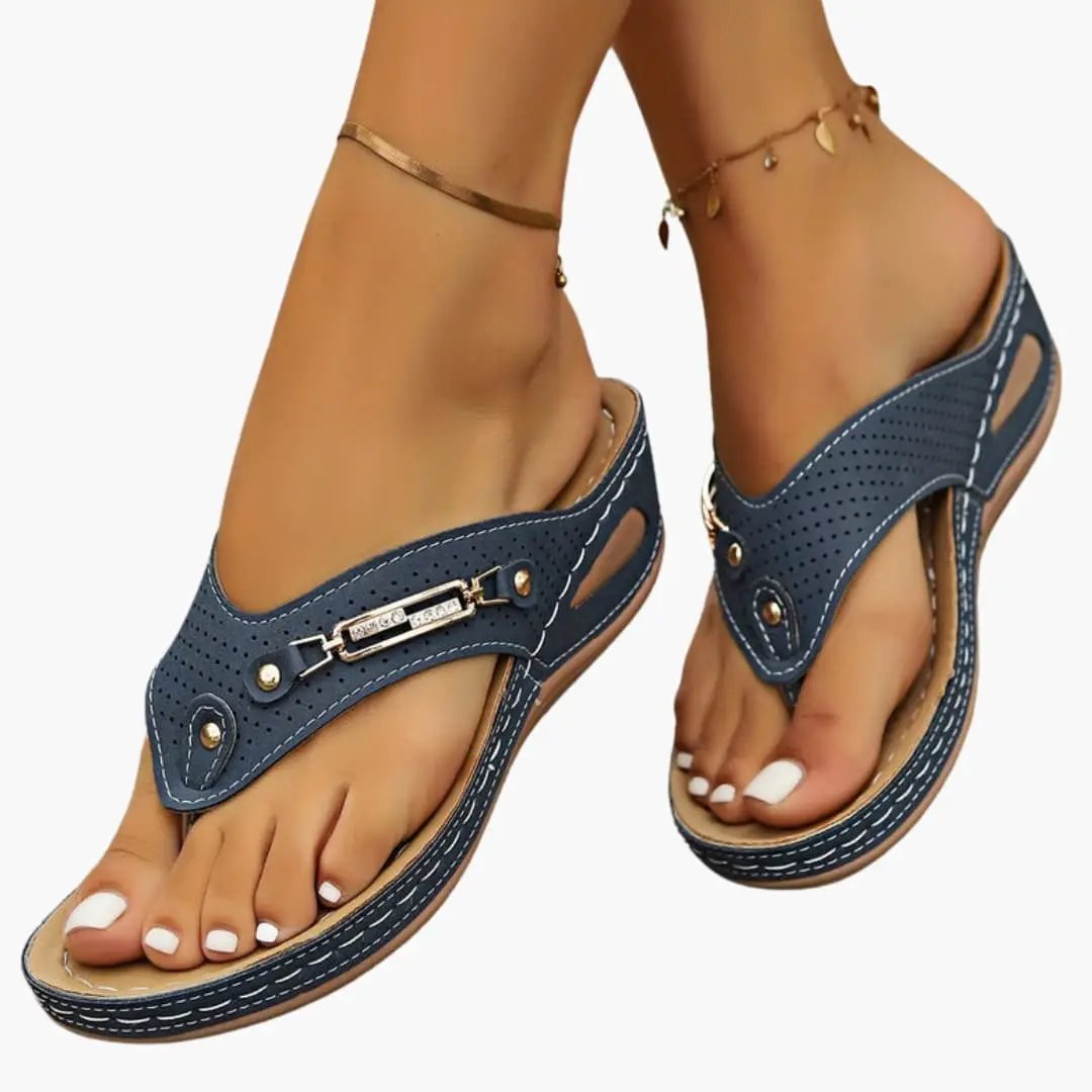 Womens sandals by Wilfred Smith, blue denim pair with adjustable straps and cushioned sole