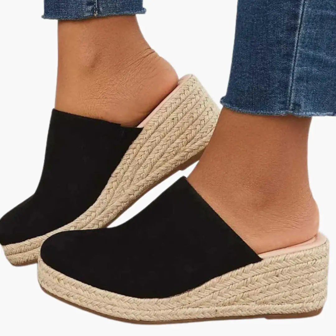 Women's sandals with cushioned footbed, black suede upper and rope-wrapped espadrille wedge
