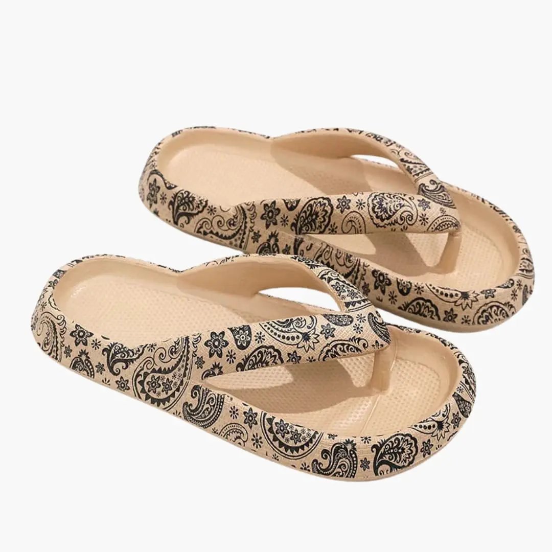 Wilfred Smith women's sandals, tan paisley-patterned flip-flops with cushioned sole