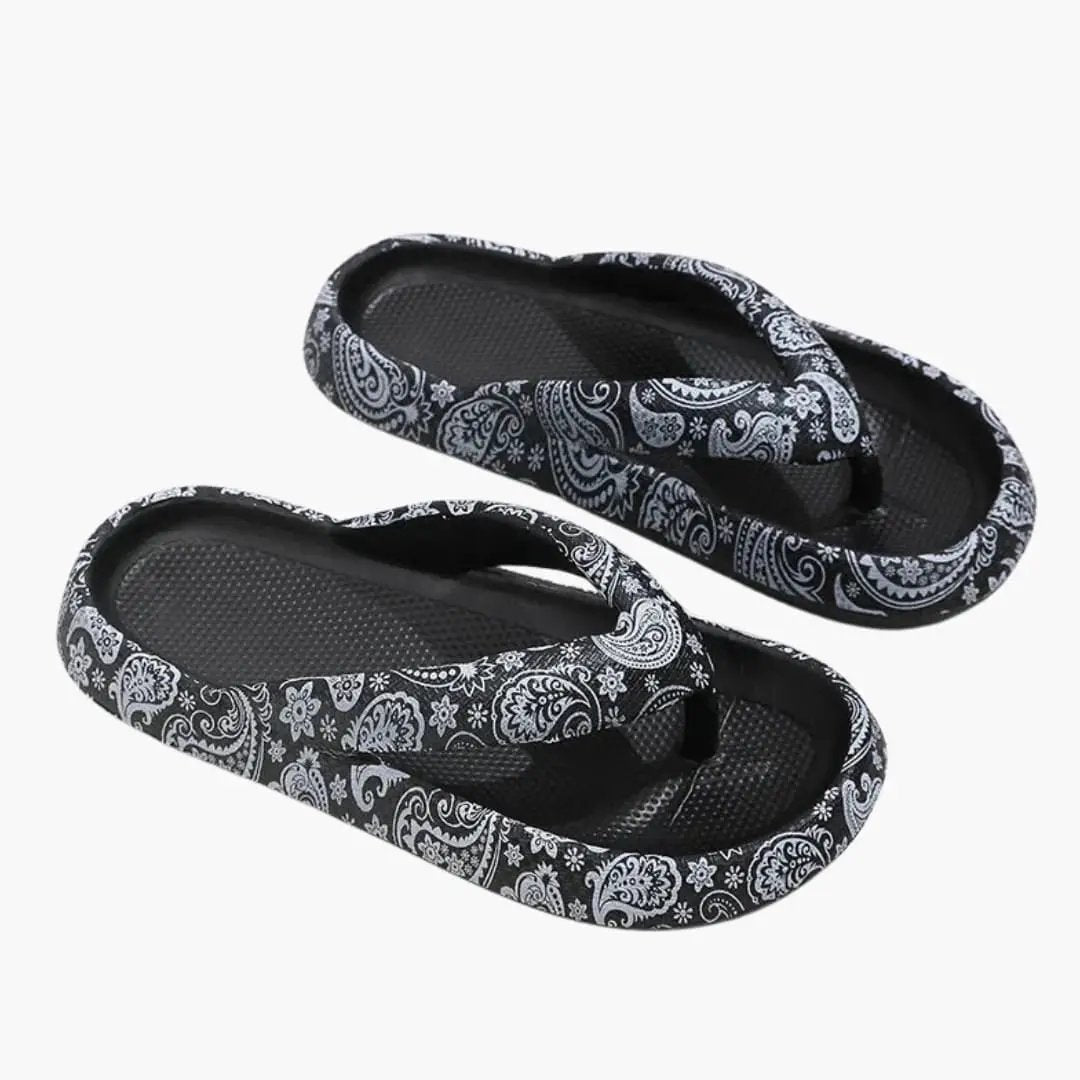 Wilfred Smith women's sandals, pair, black paisley pattern with cushioned contoured footbed
