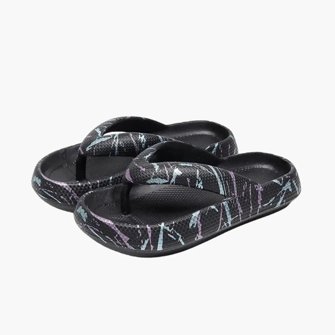 Women's sandals by Wilfred Smith with cushioned contoured footbed, black with colorful abstract print.