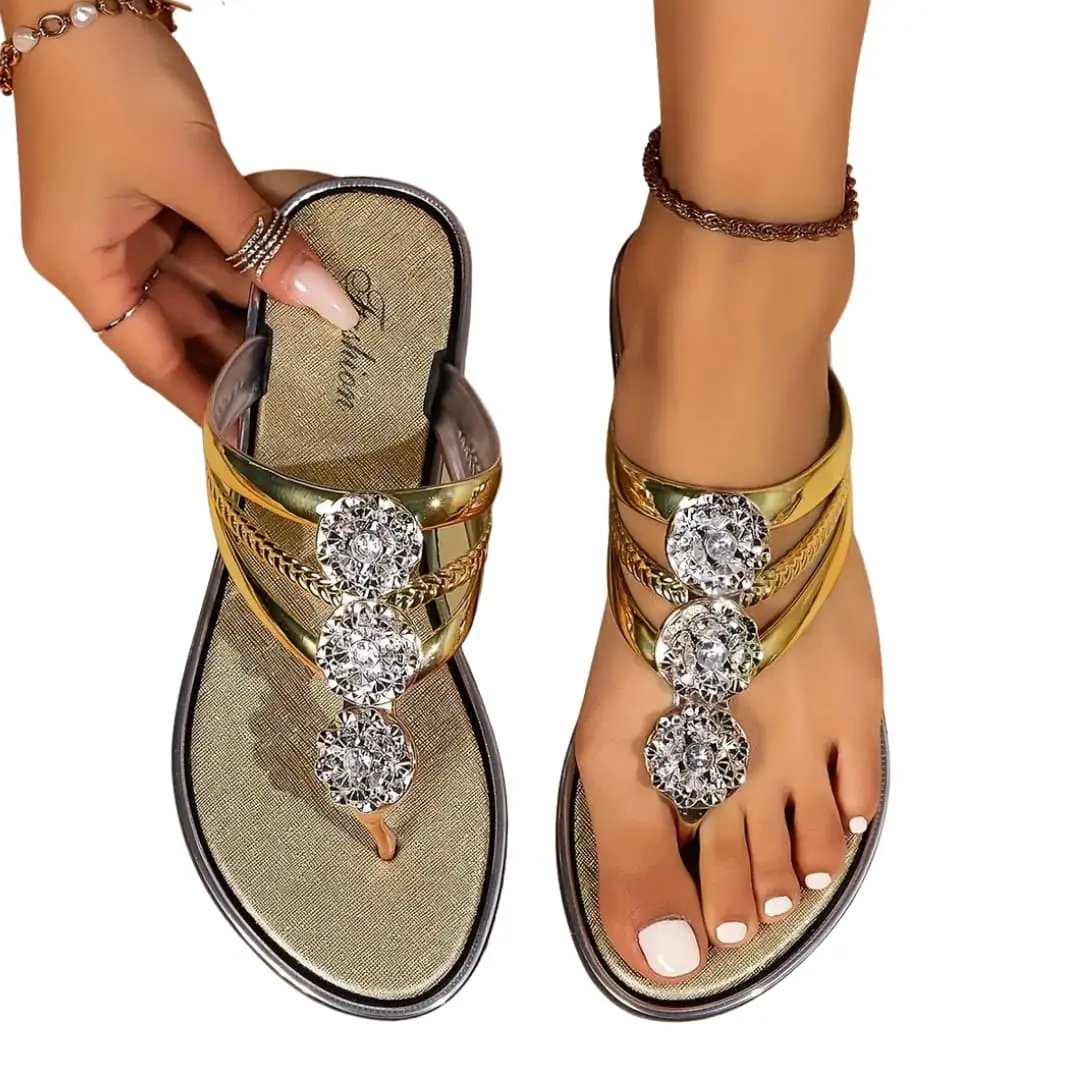 Women's sandals by Wilfred Smith with embellished gold straps and three crystal medallions, open-toe