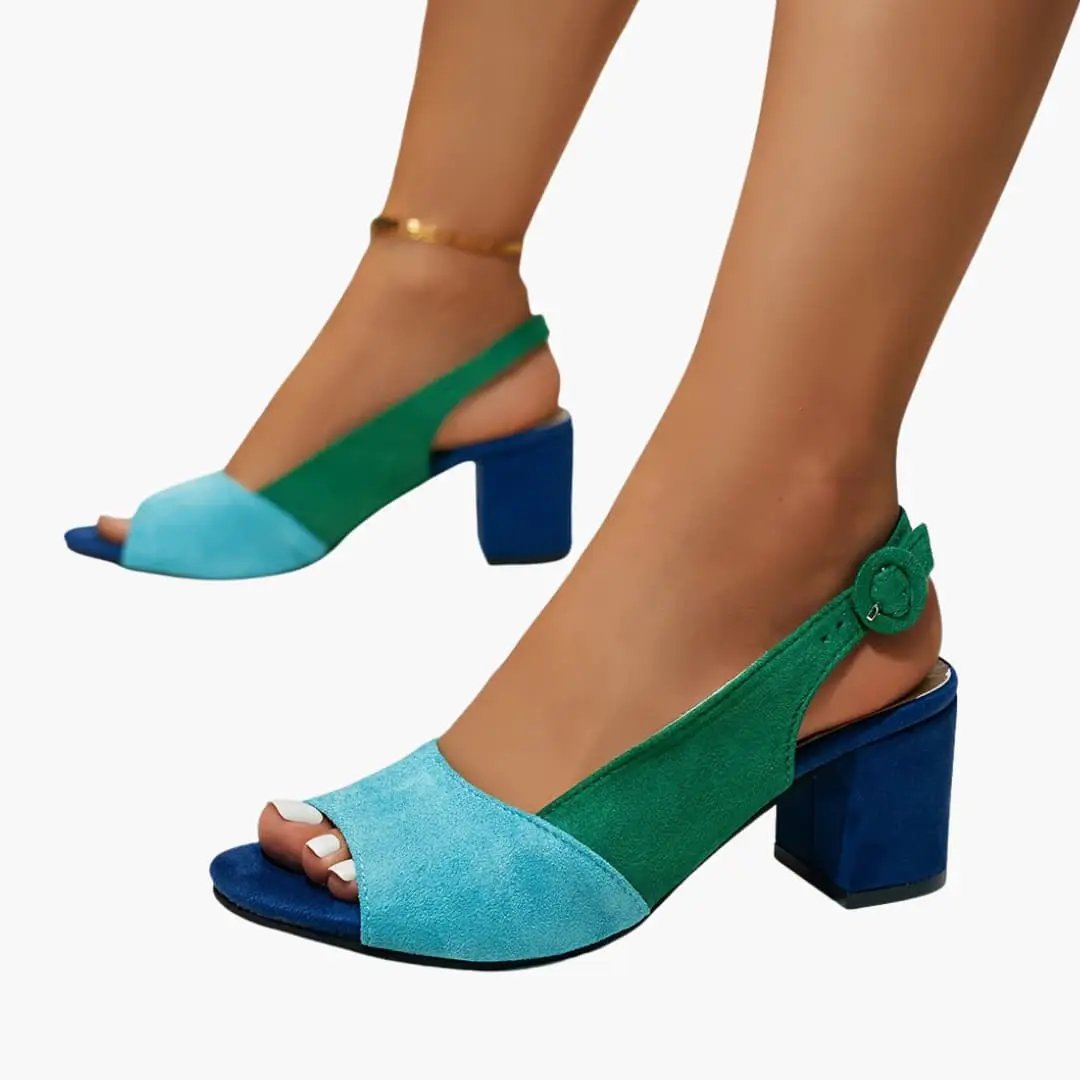 Wilfred Smith women's slingback sandals with cushioned insole; turquoise and green color design with blue heel.