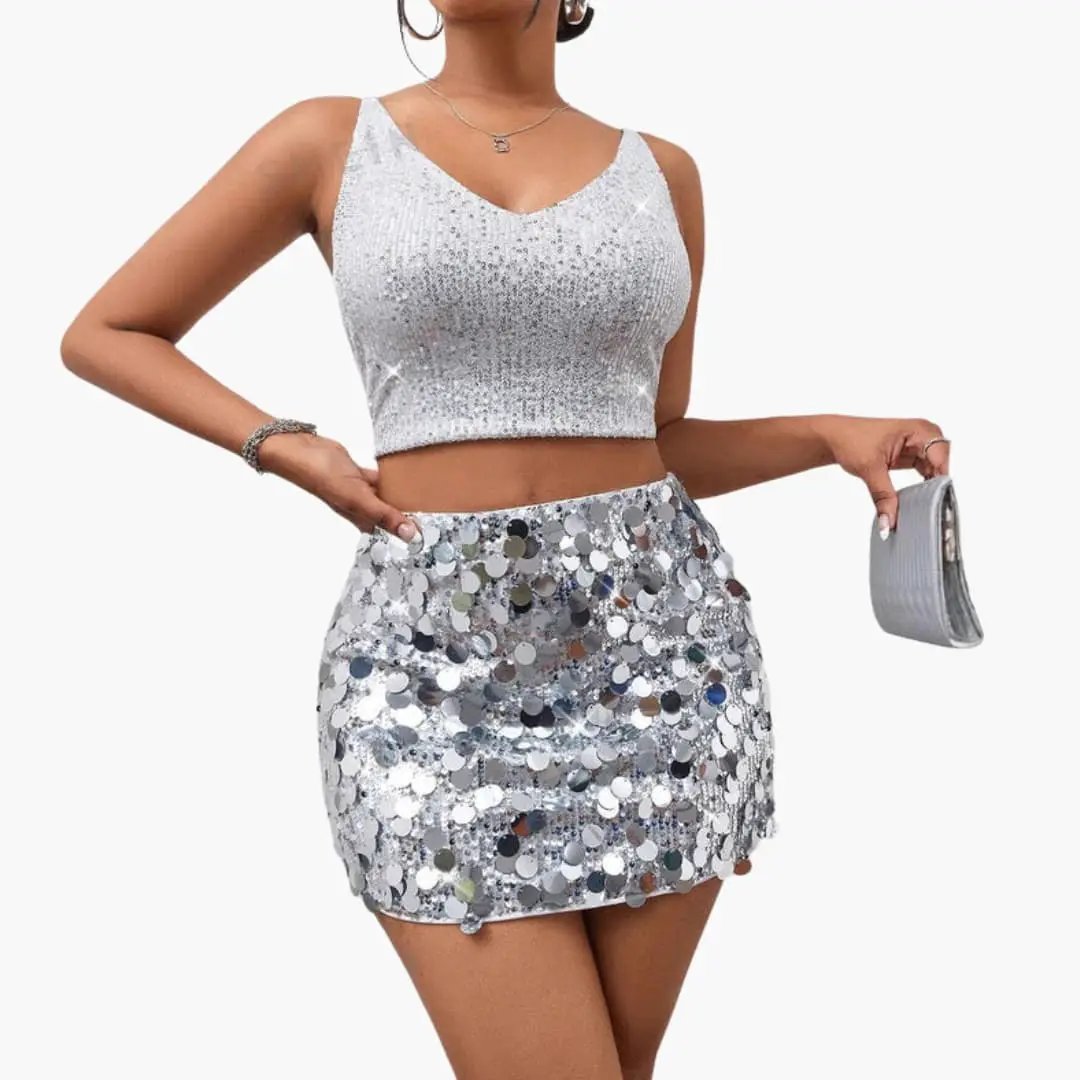 Women’s Sequin Crop Top with V-Neck, silver sequin fabric