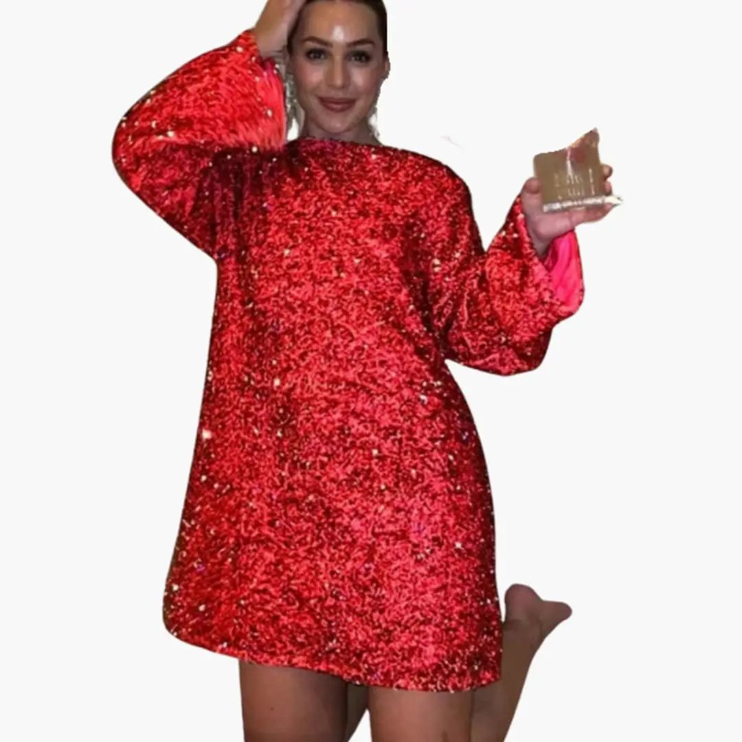 Women’s sequin mini dress in red with back bow detail and puff sleeves
