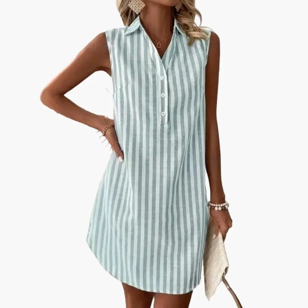 Women's striped shirt dress with button closure, light blue and white vertical stripes, sleeveless for summer.