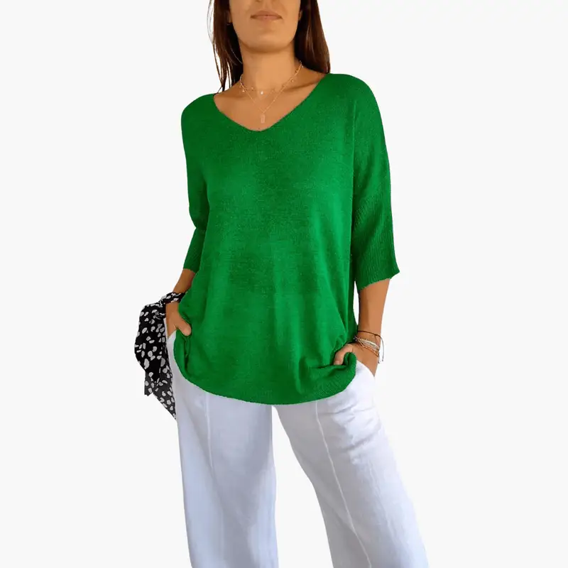 Women's Short Sleeve V-Neck Pullover Top in bright green knit with black patterned scarf