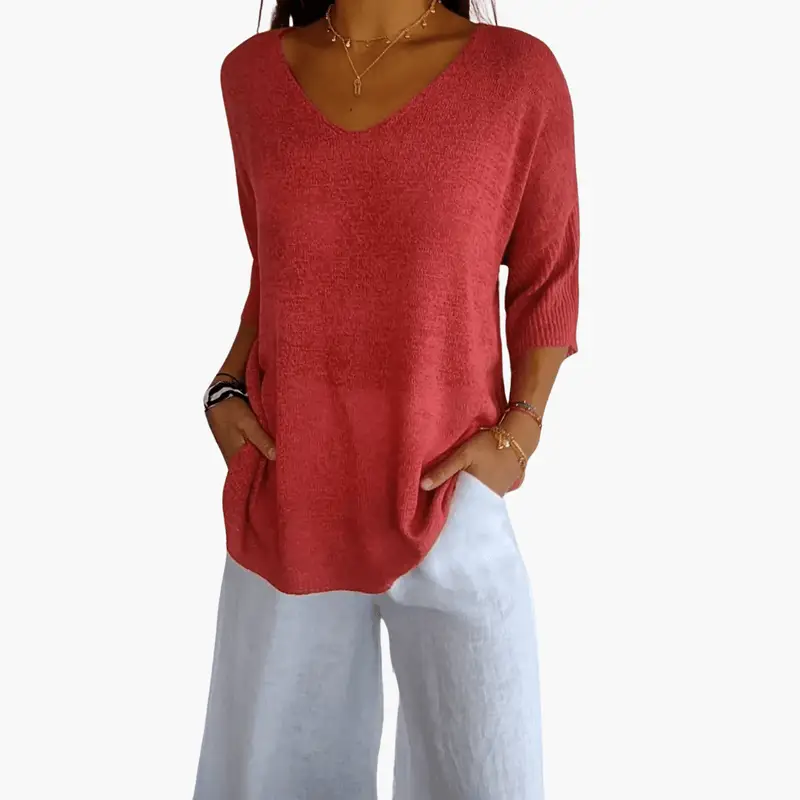 Women's short sleeve V-neck pullover top in red knit with relaxed fit