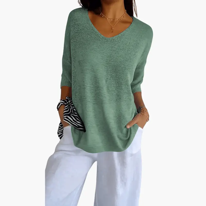 Women’s V-neck knit pullover top in sage green with a relaxed fit and 3/4 sleeves