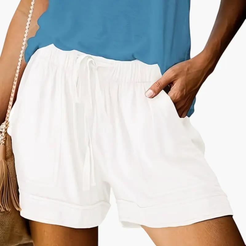 White women's jogger shorts with drawstring waistband and relaxed fit