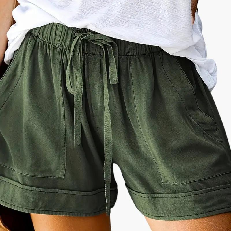 Women's olive green drawstring jogger shorts with relaxed fit and front pockets