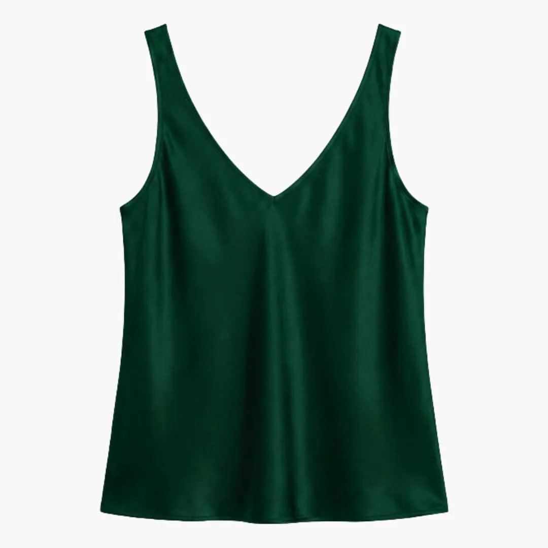 Women's silk tank top, sleeveless emerald green V-neck