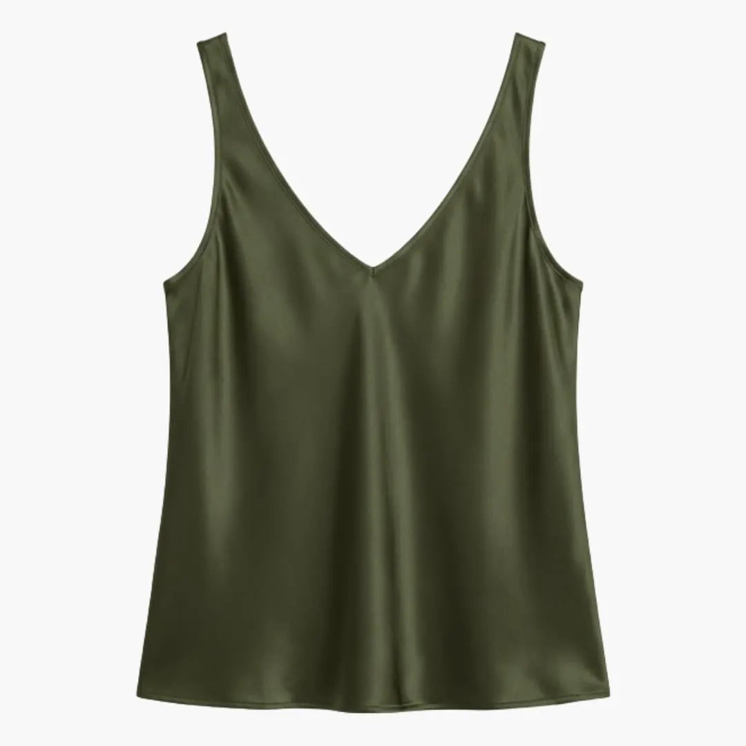 Women's silk tank top by Wilfred Smith, olive green sleeveless top.