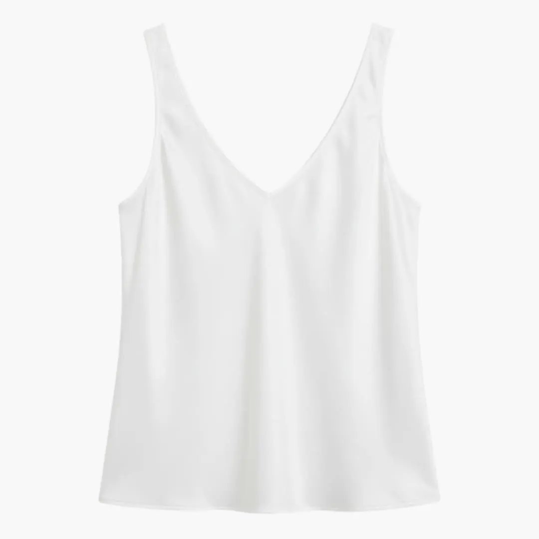 Women's silk tank top, white sleeveless V-neck, lightweight, elegant.