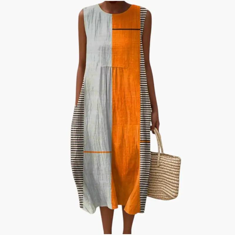 Women's sleeveless dress, linen-blend, loose fit, color-blocked gray and orange with striped side panels.