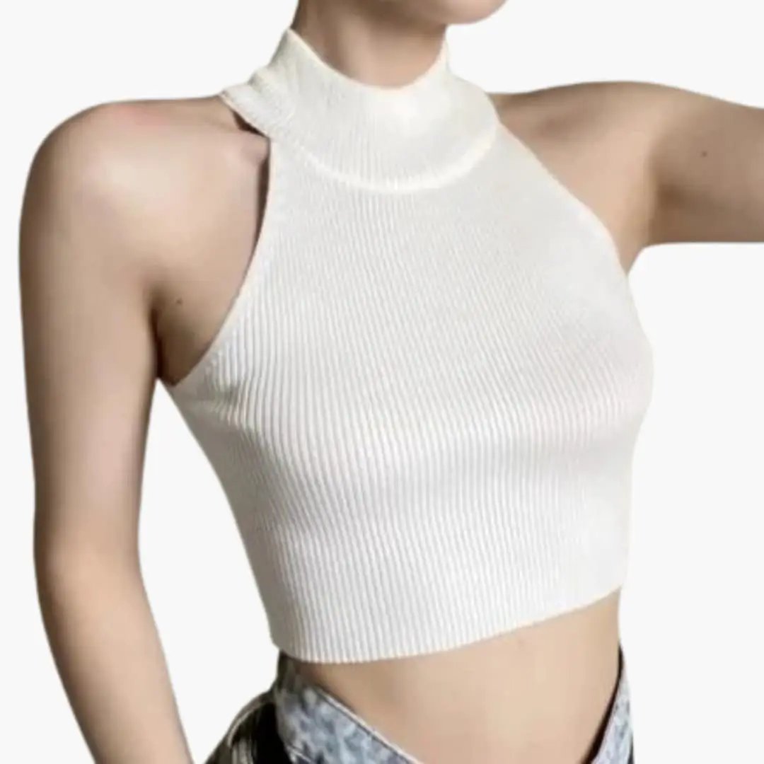 Women's sleeveless high-neck ribbed crop top by Wilfred Smith in white.