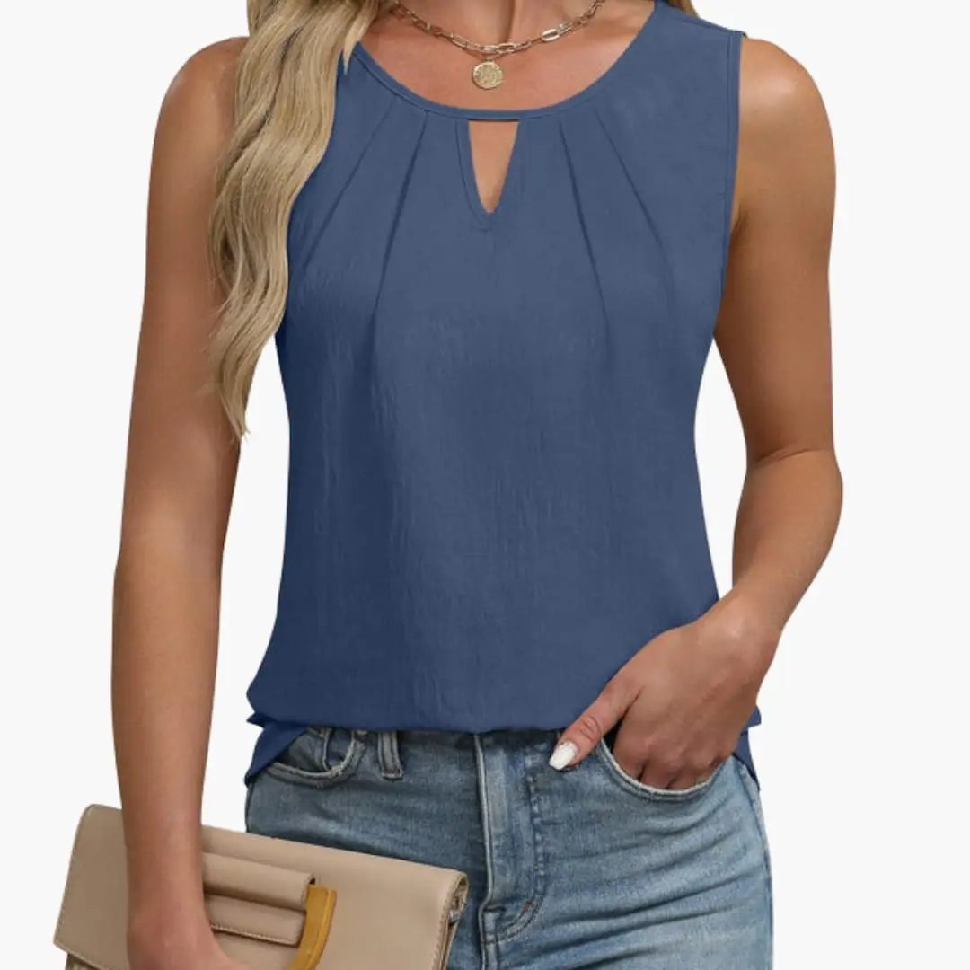 Women's sleeveless keyhole-neck top with pleated front in blue by Wilfred Smith, tank top