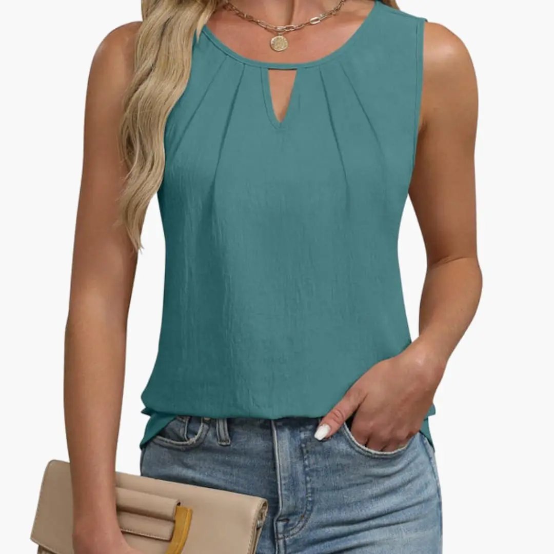 Women's sleeveless keyhole-neck top with pleated front in teal; tank top