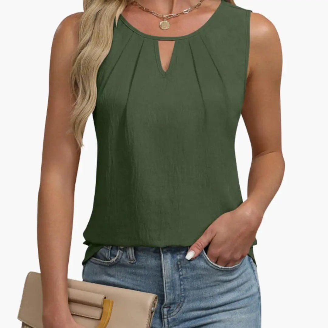 Women's sleeveless keyhole-neck tank top with pleated front in olive green by Wilfred Smith.